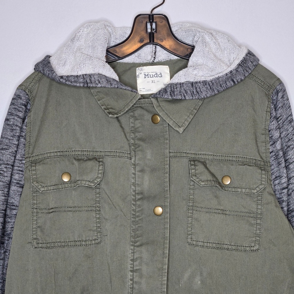 Mudd Olive Green Utility Anorak Jacket XL Gray Knit Sleeve Hoodie Military Indie - Picture 2 of 8